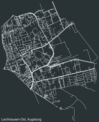 Detailed negative navigation white lines urban street roads map of the LECHHAUSEN-OST DISTRICT of the German regional capital city of Augsburg, Germany on dark gray background