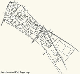 Detailed navigation black lines urban street roads map of the LECHHAUSEN-SÜD DISTRICT of the German regional capital city of Augsburg, Germany on vintage beige background