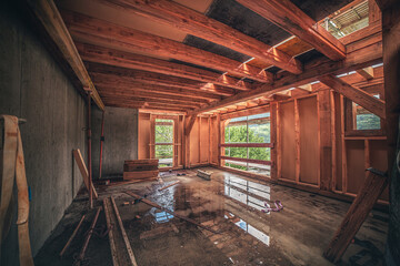 Fototapeta na wymiar inside a wooden house being built