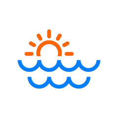 Sunrise logo. Icono con silueta de sol con olas con líneas en color azul y naranja