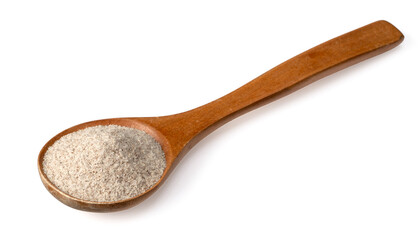 Raw rye flour in the wooden spoon, isolated on white background.