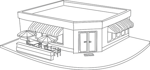 Outline sketch drawing of open street cafe, line art illustration vector silhouette of street corner food cafe, Street food line drawing Images, Stock Photos & Vectors
