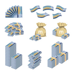 Turkmenistan New Manat Vector Illustration. Huge packs of Turkmen money set bundle banknotes. Bundle with cash bills. Deposit, wealth, accumulation and inheritance. Falling money 100 TMT.