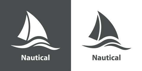 Beach holidays. Logo paseo en yate. Oceáno con olas y silueta de barco de vela simple con texto Nautical en fondo gris y fondo blanco © teracreonte