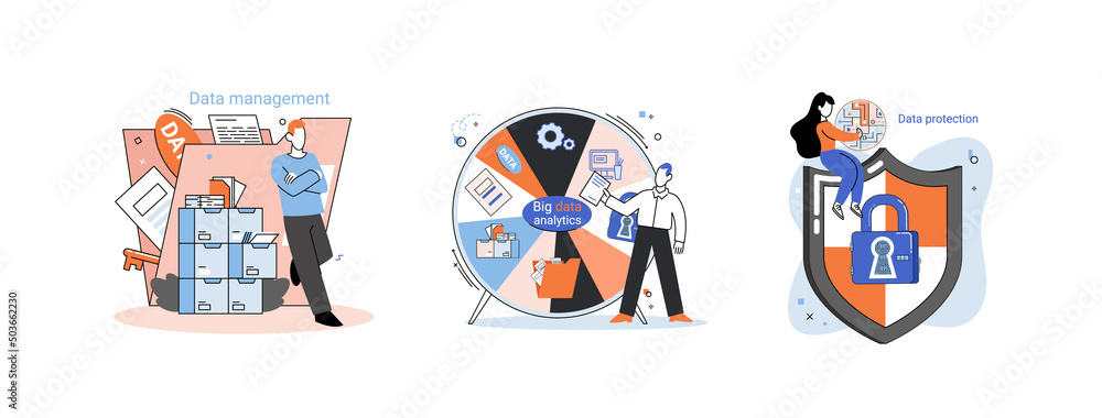 Poster big data analytics platform, data management and protection creative metaphor set abstract concept. 