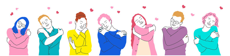 Multiracial group of men and women hugging herself with hearts on white background.