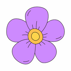 The violet flower in traditional cartoon style. Vector illustration isolated on white background. Symbol of blossom and gardening. Picture for sticker, print, poster, greeting card