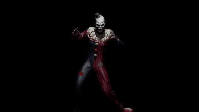 A creepy jester dances. A clown dancing. A nightmarish atmosphere of fear and terror. The concept of a nightmarish jester. Looping animation with alpha channel is perfect for fantasy backgrounds.