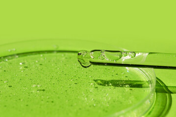 Dropper pipette with serum or cosmetic liquid and petri dish on green background. Transparent...