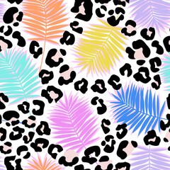 Bright tropical leaves, animal skin print background in neon colors.
