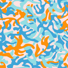 Abstract curves, wavy shapes seamless pattern in marine colors. Bold modern chaotic liquid forms background.