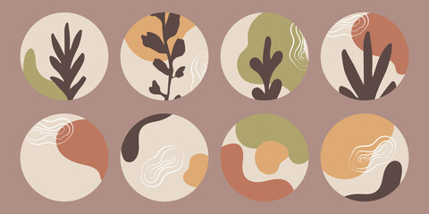 Abstract shapes, plants in brown pastel colors. Highlight icons. Social media icons.