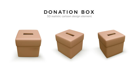 Fototapeta premium Set of donation box in brawn colors. 3D realistic charity box in cartoon style