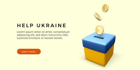 Fundraising for victims of the war in Ukraine template or web banner. Falling gold coins into donation box colour in national Ukrainian flag