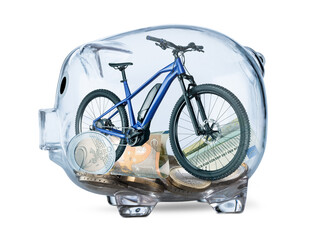 save for dream blue electric bicycle ebike in a piggy bank with euro currency coins and notes. life goal target cycling hobby sport saving financial success concept isolated white background