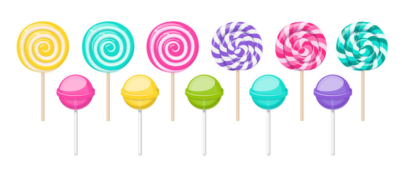 Sweet lollipops, spiral and round hard sugar candies on stick. Vector cartoon set of caramel suckers with striped swirls and colored bonbon on stick with fruit and berry tastes