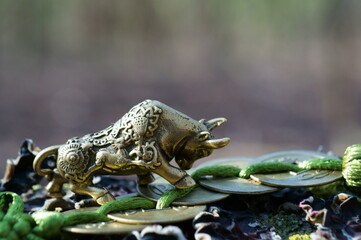 A bull figurine and a bunch of Chinese coins in close-up. A religious symbol.