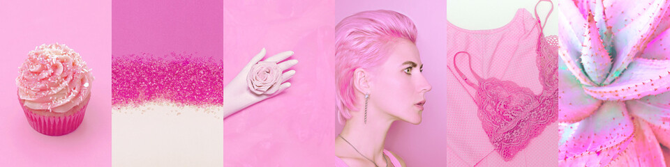 Set of trendy aesthetic photo collages. Minimalistic images of one top color. Pink moodboard