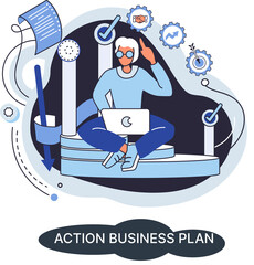 Action business plan, development strategies, foreseeing market risks. Company success secret, idea growing business achieve target metaphor, study production and sales market. Strategic biz planning