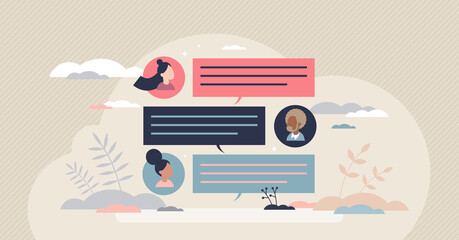 Team chat messages and text writing communication app tiny person concept. Application with group discussions option for distant information exchange vector illustration. Remote teamwork meeting.