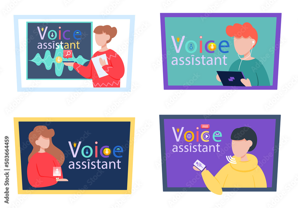 Poster voice assistant. smart speaker virtual assistant, sound robot, people using voice controlled smart s