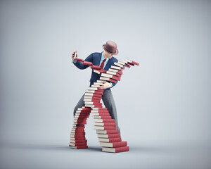 Man dancing with a stack of books.