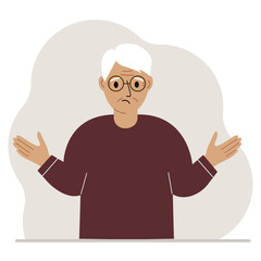 Grandfather is sad and upset. Hands are spread out in different directions. Vector