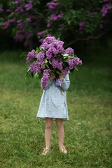 Girl hide her face behind bouquet of Lilac. Fun little girl in dress covers her face with purple bouquet of Lilacs in summer garden. Mother's Day
