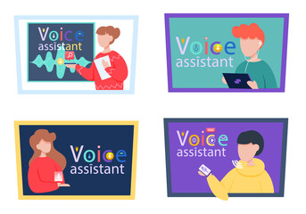 Voice assistant. Smart speaker virtual assistant, sound robot, people using voice controlled smart speaker. Voice activate digital assistant identification control contactless mobile device microphone