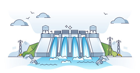 Hyro energy plant or hydroelectricity for power production outline concept. Facility with dam, turbine and generator on river stream to produce nature friendly or green electricity vector illustration