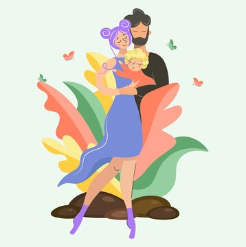 Happy rich family in colorful leaves and butterflies mother, son, daughter hugging. Father, mother and child with warmth and love, the concept of a happy family full of love. Isolated flat vector.