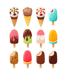 Cartoon ice cream and popsicles with various flavours, icings, toppings and sundae. Ice cream dessert food in chocolate strawberry pistachio mint and vanilla glazing.   Vector illustration part 1 of 3