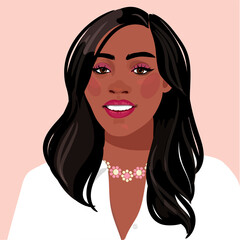 Beautiful African American girl with long hair in a white shirt with a necklace. Avatar for a social network. illustration isolated on background.
