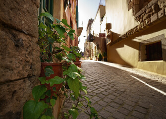 Venetian architecture in narrow stone streets of old town Chania in Crete,