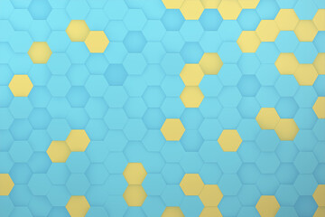 Colorful isometric hexagon abstract background. Honeycomb shape moving up down randomly 3d rendering
