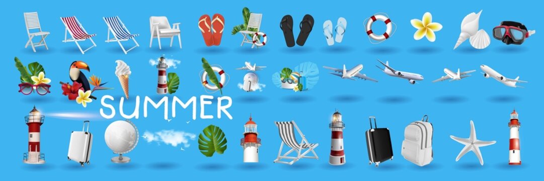 Realistic 3D vector summer holidays symbols objects set. Summer vacation, beach party realistic 3d objects isolated. Vector illustration EPS 10.