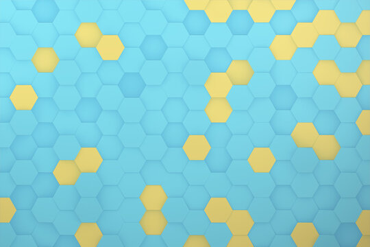Colorful isometric hexagon abstract background. Honeycomb shape moving up down randomly 3d rendering