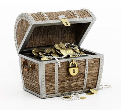 Treasure chest full of antique gold coins and jewels isolated on white background. 3D illustration