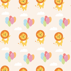 Naklejka premium Cute children's seamless pattern with cartoon leo, balloons and clouds on beige background. Print for textile, fabric, wallpaper, paper.