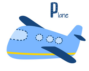 Blue plane in cartoon style with sign plane isolated on white background. Vector illustration