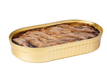 Opened tin can with conserved sprat fish
