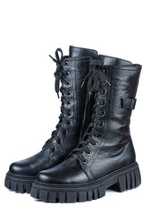 Black Leather boots . Fashionable modern female Shoes Made of black Leather. Woman's Military Style Boots.