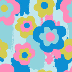 Abstract florals and textures seamless pattern. Hand drawn flowers on grunge background