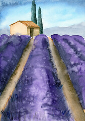 Watercolor illustration of a purple lavender field with a distant house and some trees on the horizon
