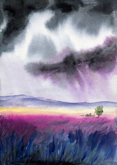 Watercolor illustration of purple lavender field with distant misty mountains and dark stormy sky