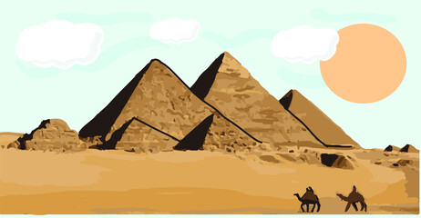 Drawing pyramids and desert in Giza, Egypt. Vector illustration
