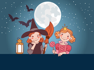 Cute kids in carnival costumes. Vector illustration. Children in Halloween costumes