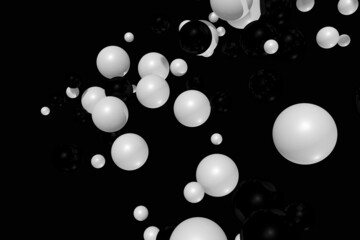 Black and white irregular balls 3D illustration. Abstract decorative design background concept