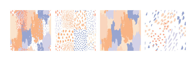 Hand drawn brush strokes seamless pattern set. Abstract hand painted dots, spots, dashes, lines background - 503666838