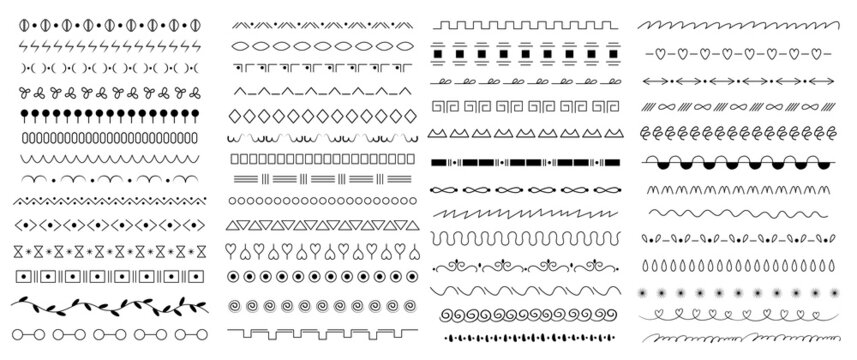 A set of brushes with simple decorative lines. Hand-drawn dividers for doodles, decorative pencil strokes. A set of elements of the border of the contour sign. Vector illustration